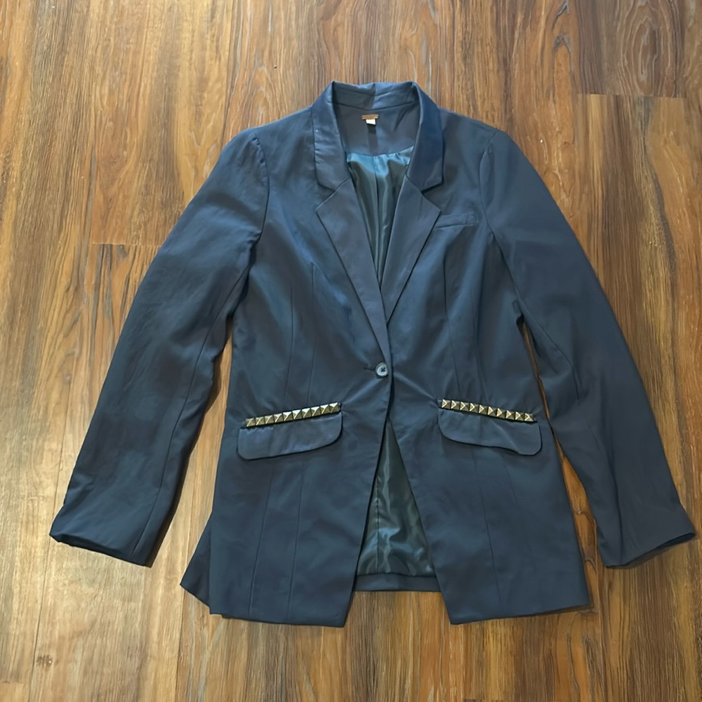 Free People Navy Blue Single-Button Blazer with Studded Flap Pockets